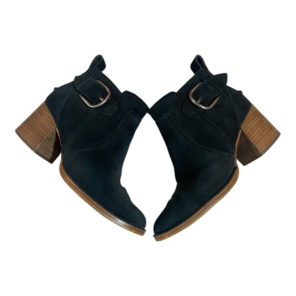 UGG Leahy Black Suede Leather Ankle Boot Stacked Heel Booties Sz 7 - Picture 4 of 7